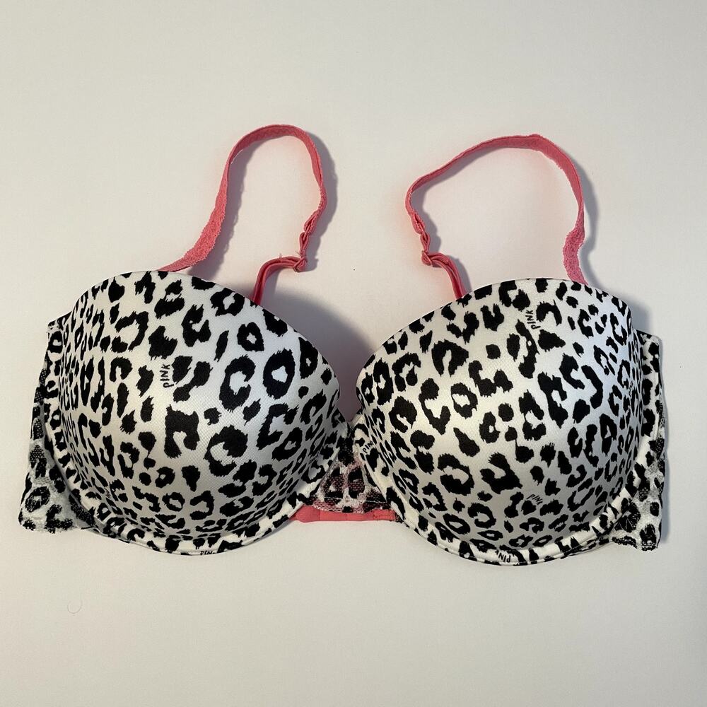 Victoria's Secret PINK Bra 36D White Black Animal Print Leopard Multi-Way